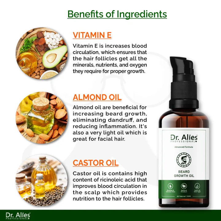 Dr. Alies Professional Beard Growth Oil | Fill Patchy Beard, Stop Itching & Dandruff – Natural 30ml