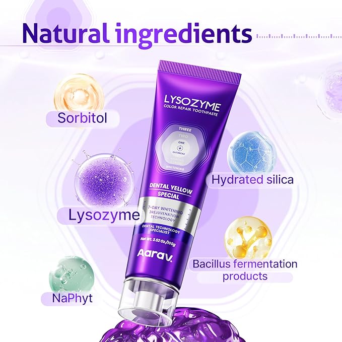 Aarav Purple Whitening for Teeth Toothpaste: Fluoride Free, Color Neutralizing Formula with Lysozyme & Prebiotics to Whiten Teeth, Strengthen Enamel & Deep Clean, 1 Pack, 3.52 oz