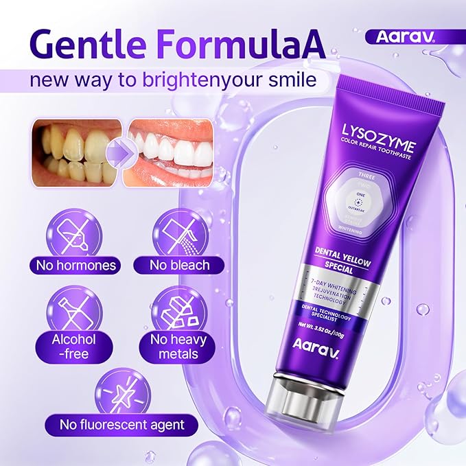Aarav Purple Whitening for Teeth Toothpaste: Fluoride Free, Color Neutralizing Formula with Lysozyme & Prebiotics to Whiten Teeth, Strengthen Enamel & Deep Clean, 1 Pack, 3.52 oz